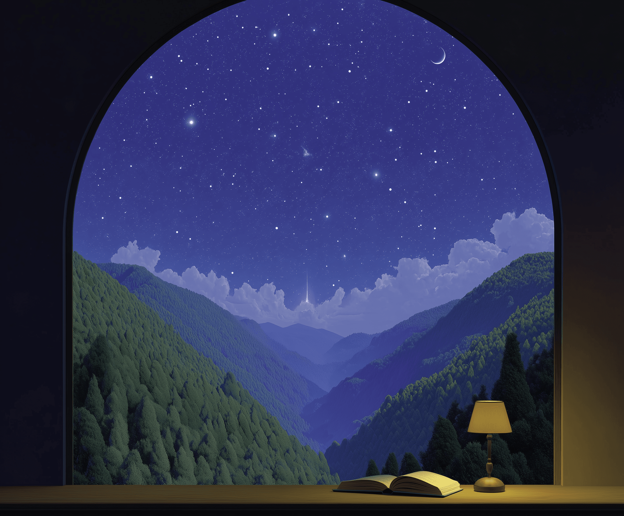 An open book on a sill beneath a star-filled night valley