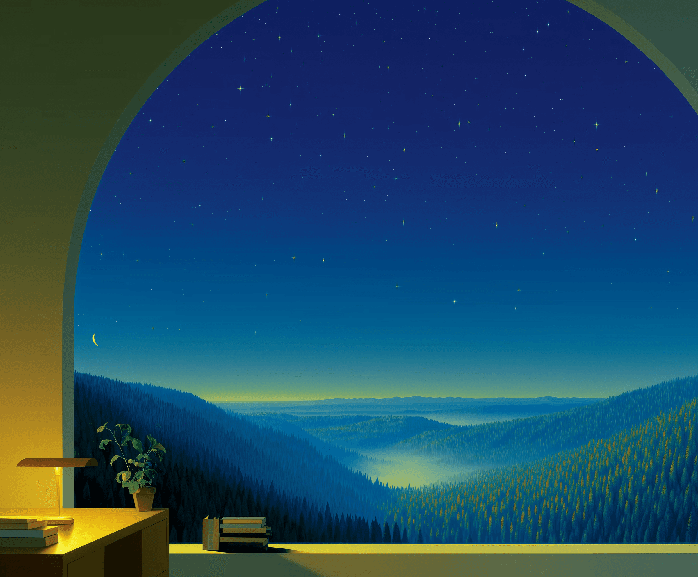 Arch window opening onto a starry valley
